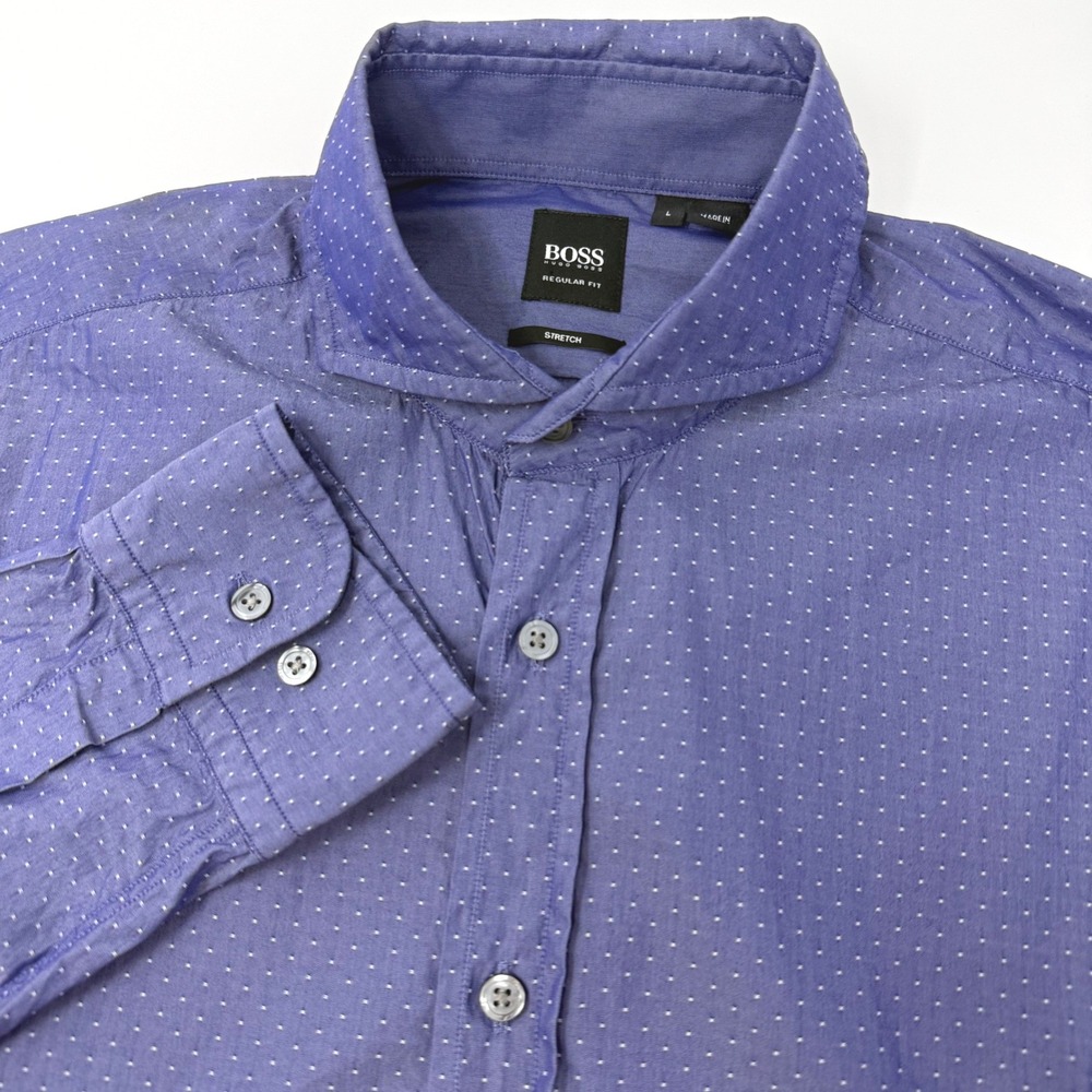 Hugo Boss Mens Large Regular Fit Blue Micro Dot Stretch Button Down Shirt